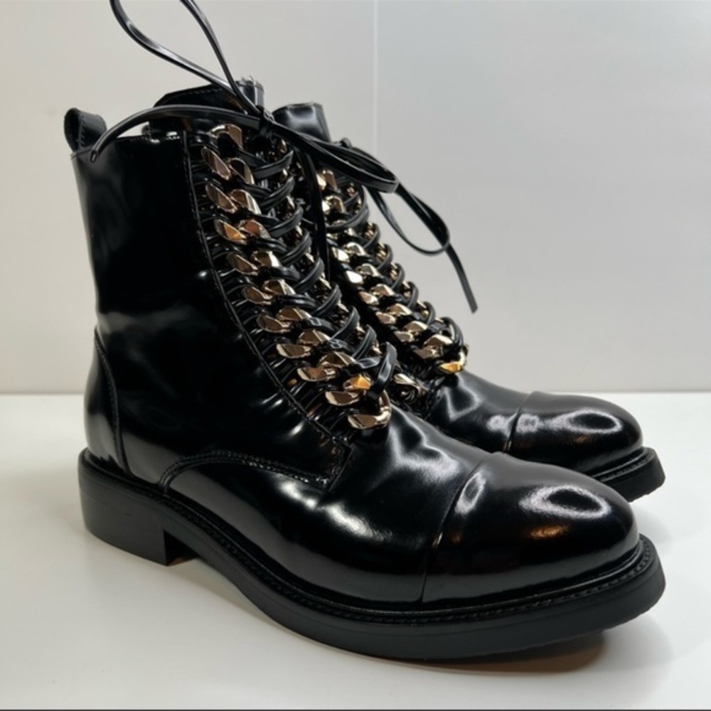 JEFFREY CAMPBELL Damon Lace-Up Bootie Black Box Gold Leather Size 8 US